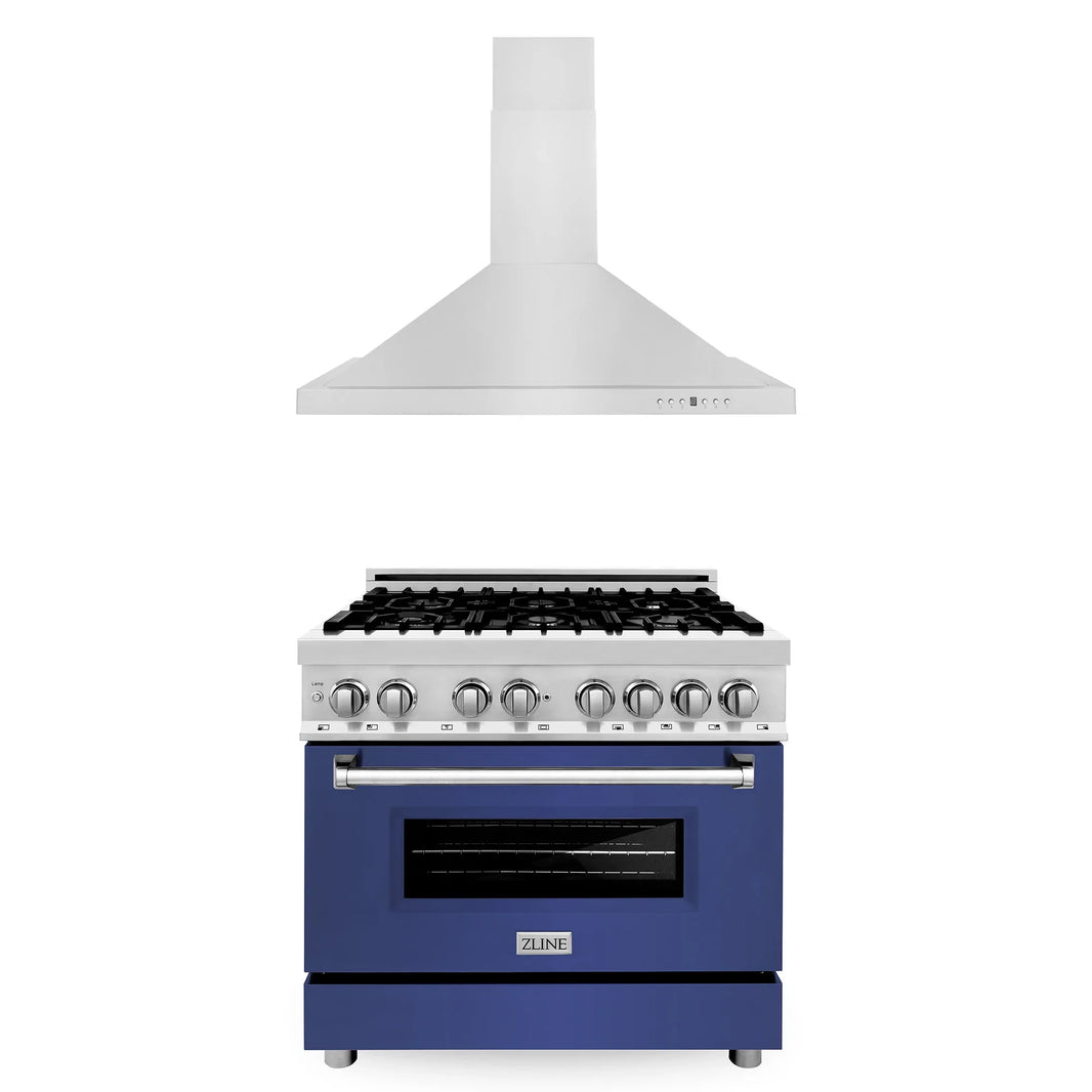 ZLINE 2-Piece Appliance Package - 36-inch Dual Fuel Range with Blue Matte Door and Convertible Vent Range Hood in Stainless Steel (2KP-RABMRH36)