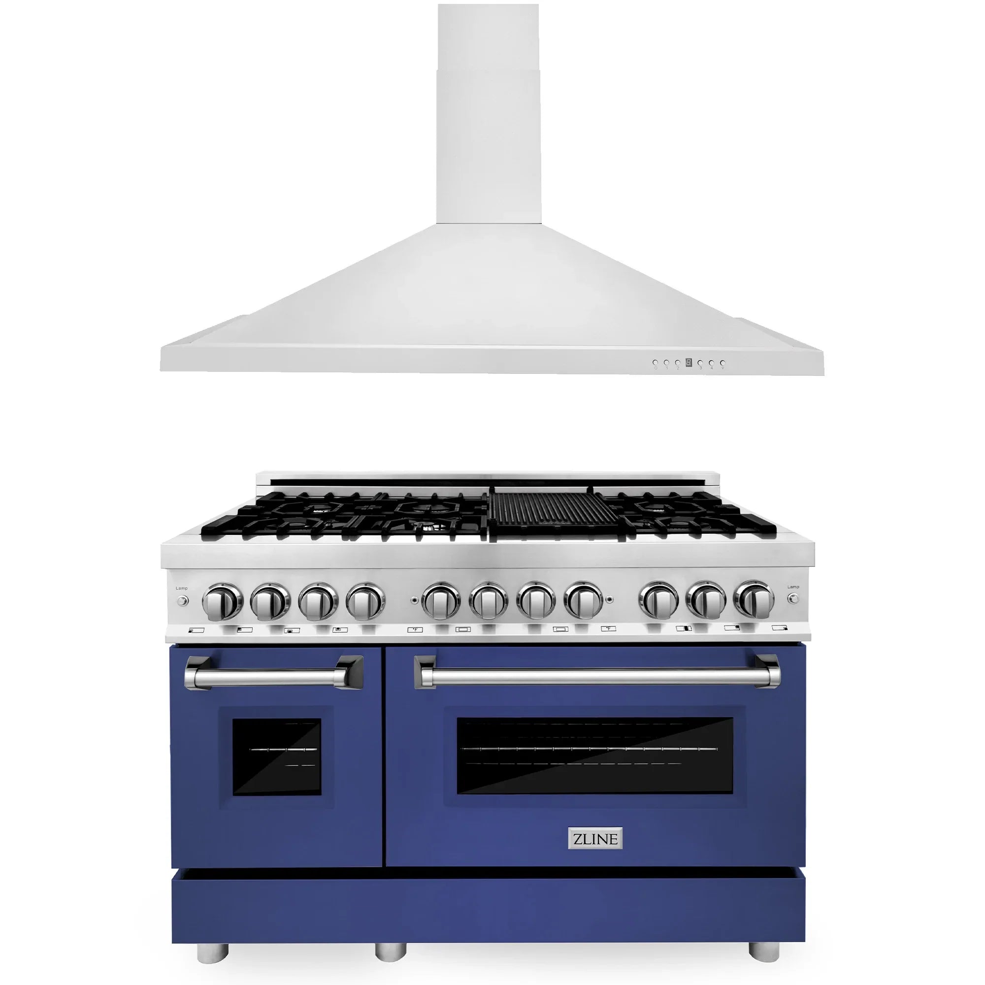 ZLINE 2-Piece Appliance Package - 48-inch Dual Fuel Range with Blue Matte Door and Convertible Vent Range Hood in Stainless Steel (2KP-RABMRH48)