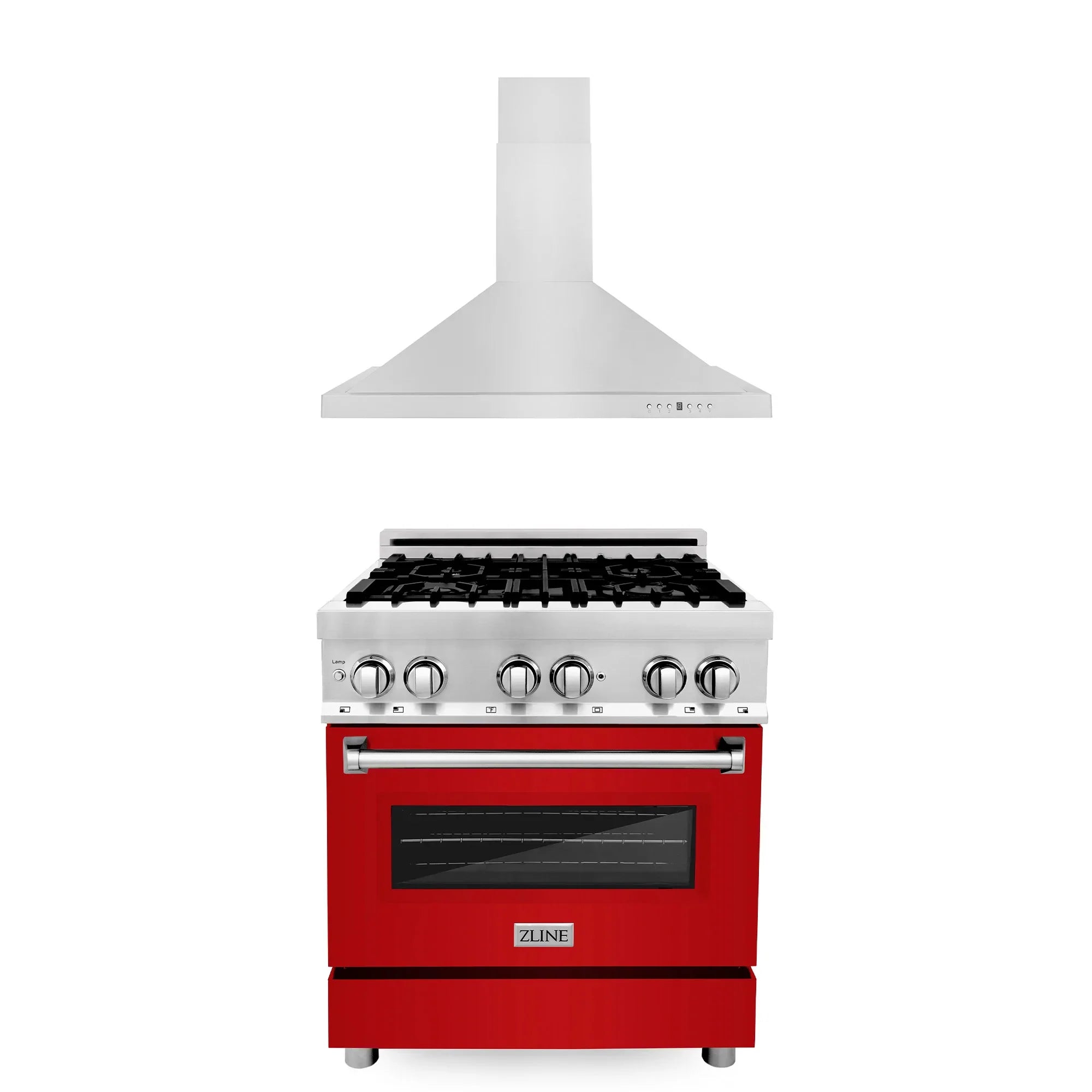 ZLINE 2-Piece Appliance Package - 30-inch Dual Fuel Range with Red Gloss Door and Convertible Vent Range Hood in Stainless Steel (2KP-RARGRH30)