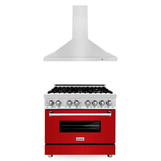 ZLINE 2-Piece Appliance Package - 36-inch Dual Fuel Range with Red Gloss Door and Convertible Vent Range Hood in Stainless Steel (2KP-RARGRH36)