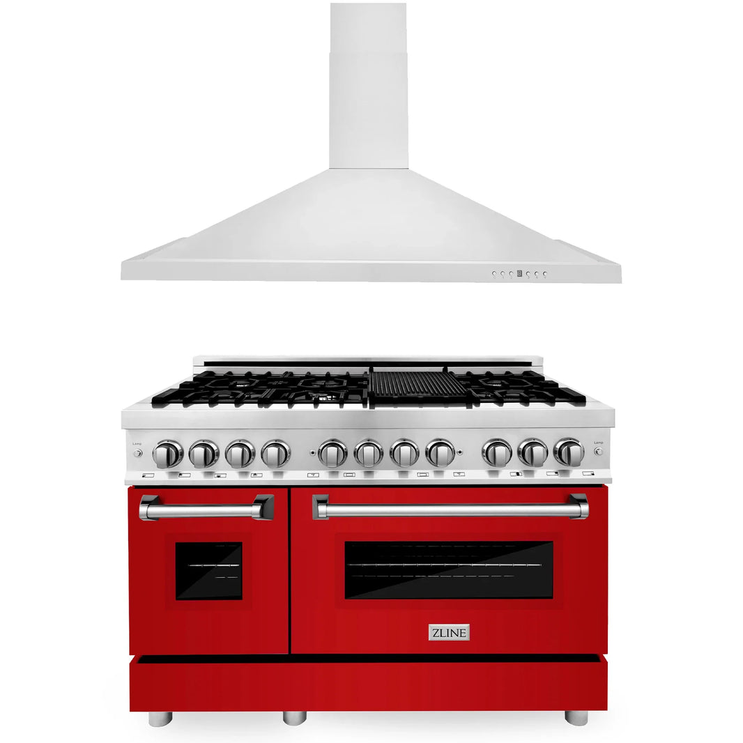 ZLINE 2-Piece Appliance Package - 48-inch Dual Fuel Range with Red Gloss Door and Convertible Vent Range Hood in Stainless Steel (2KP-RARGRH48)