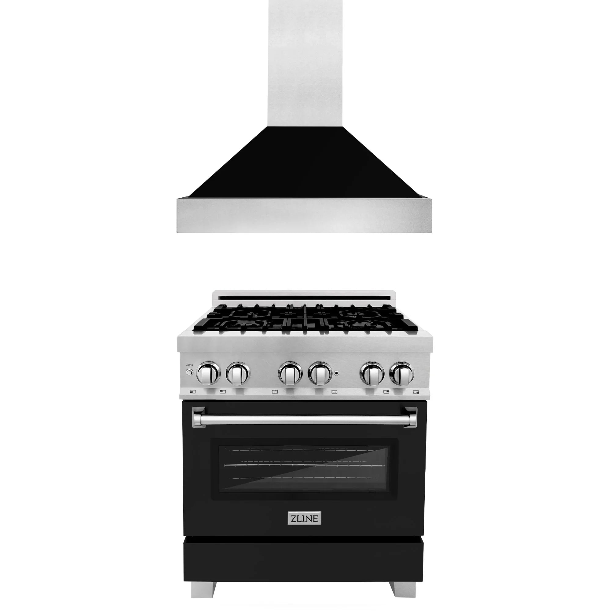 ZLINE 2-Piece Appliance Package - 30-inch Dual Fuel Range With Black Matte Door Dual & Premium Range Hood in DuraSnow Stainless Steel (2KP-RASBLMRH30)