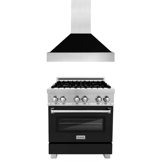 ZLINE 2-Piece Appliance Package - 30-inch Dual Fuel Range With Black Matte Door Dual & Premium Range Hood in DuraSnow Stainless Steel (2KP-RASBLMRH30)