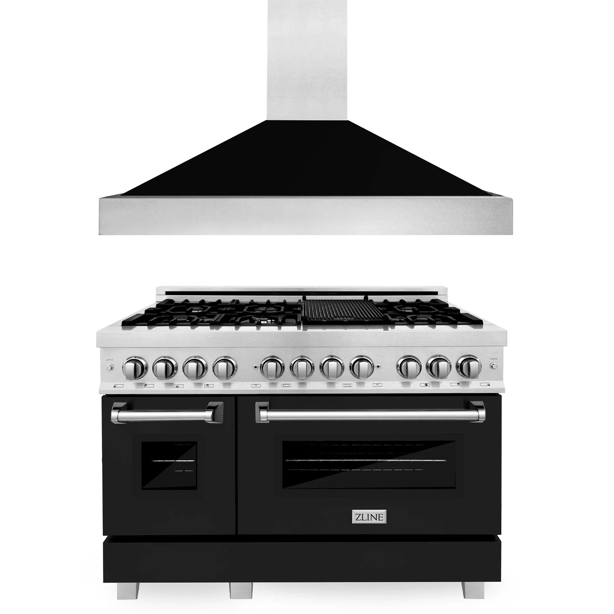 ZLINE 2-Piece Appliance Package - 48-inch Dual Fuel Range & Premium Range Hood in DuraSnow Stainless Steel with Black Matte (2KP-RASBLMRH48)