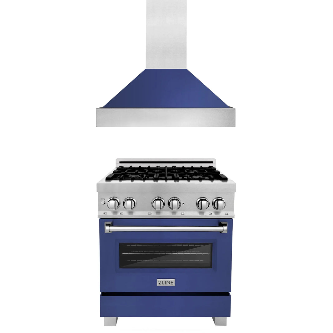 ZLINE 2-Piece Appliance Package - 30-inch Dual Fuel Range & Premium Range Hood in DuraSnow Stainless Steel with Blue Matte (2KP-RASBMRH30)