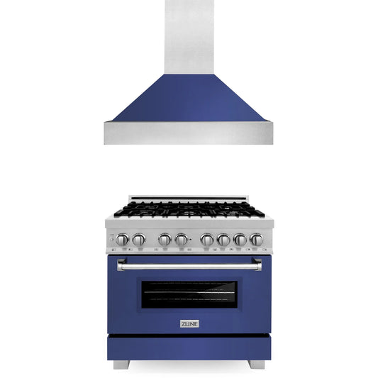 ZLINE 2-Piece Appliance Package - 36-inch Dual Fuel Range & Premium Range Hood in DuraSnow Stainless Steel with Blue Matte (2KP-RASBMRH36)