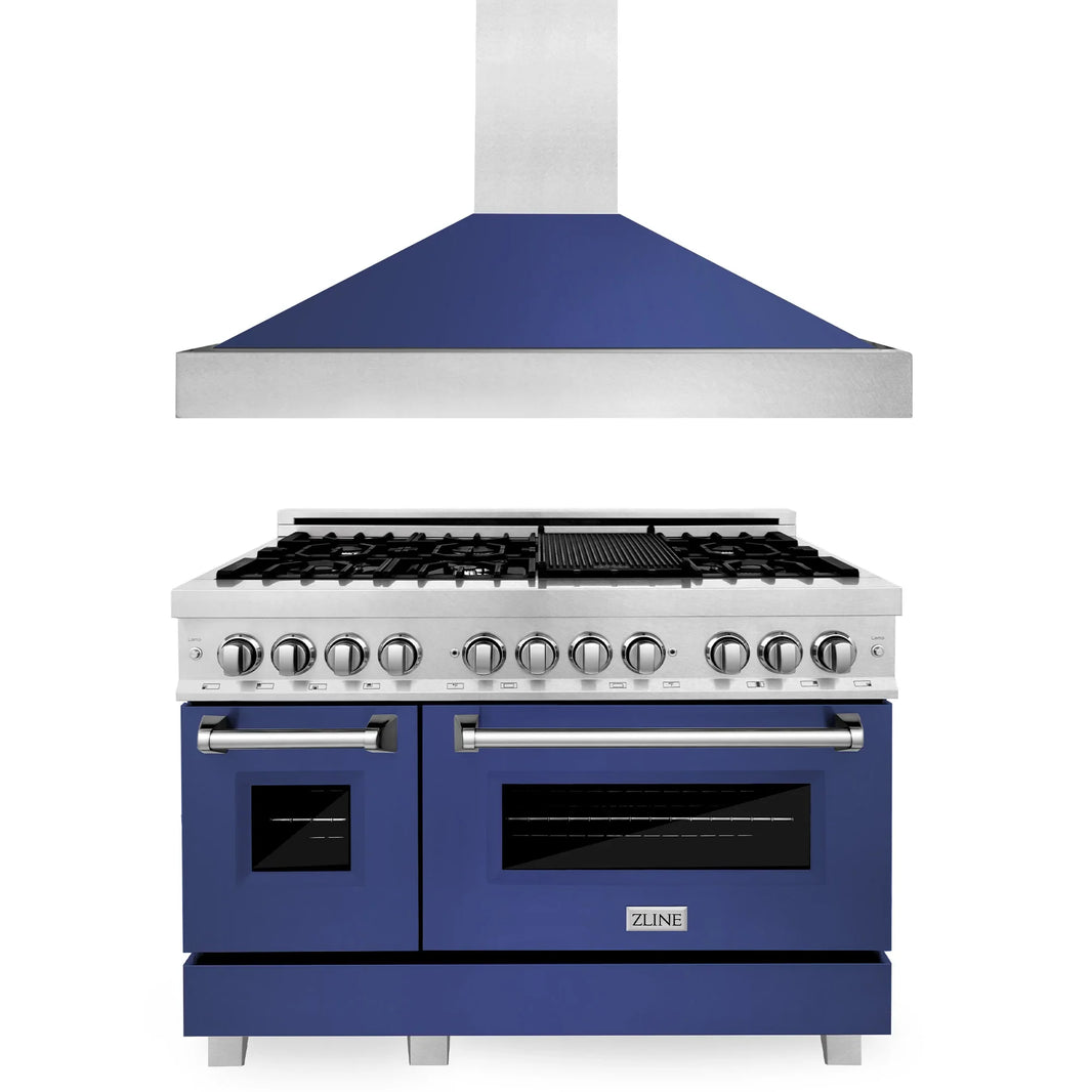 ZLINE 2-Piece Appliance Package - 48-inch Dual Fuel Range & Premium Range Hood in DuraSnow Stainless with Blue Matte (2KP-RASBMRH48)