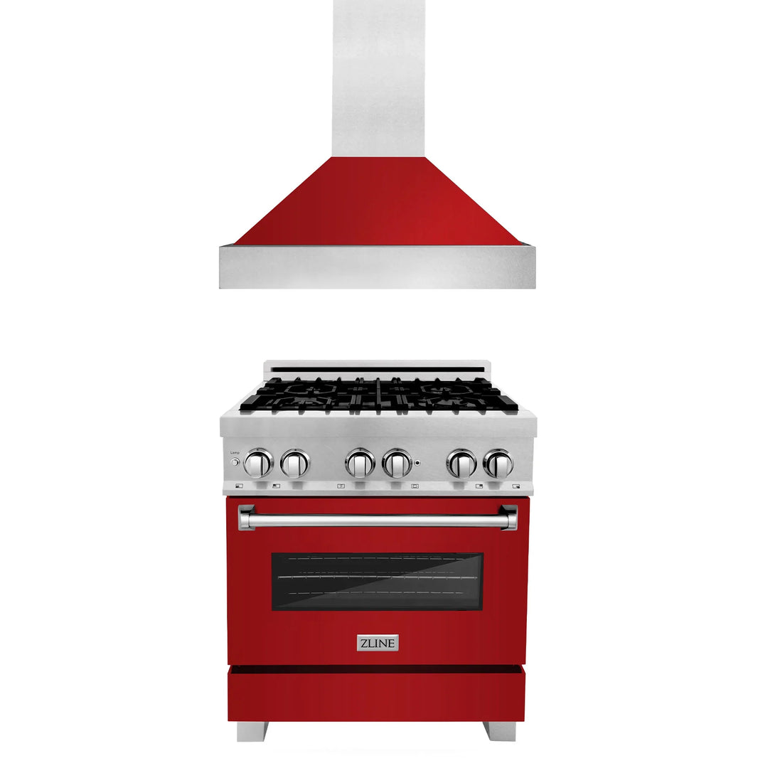 ZLINE 2-Piece Appliance Package - 30-inch Dual Fuel Range & Premium Wall Mount Range Hood in DuraSnow Stainless Steel with Red Gloss (2KP-RASRGRH30)