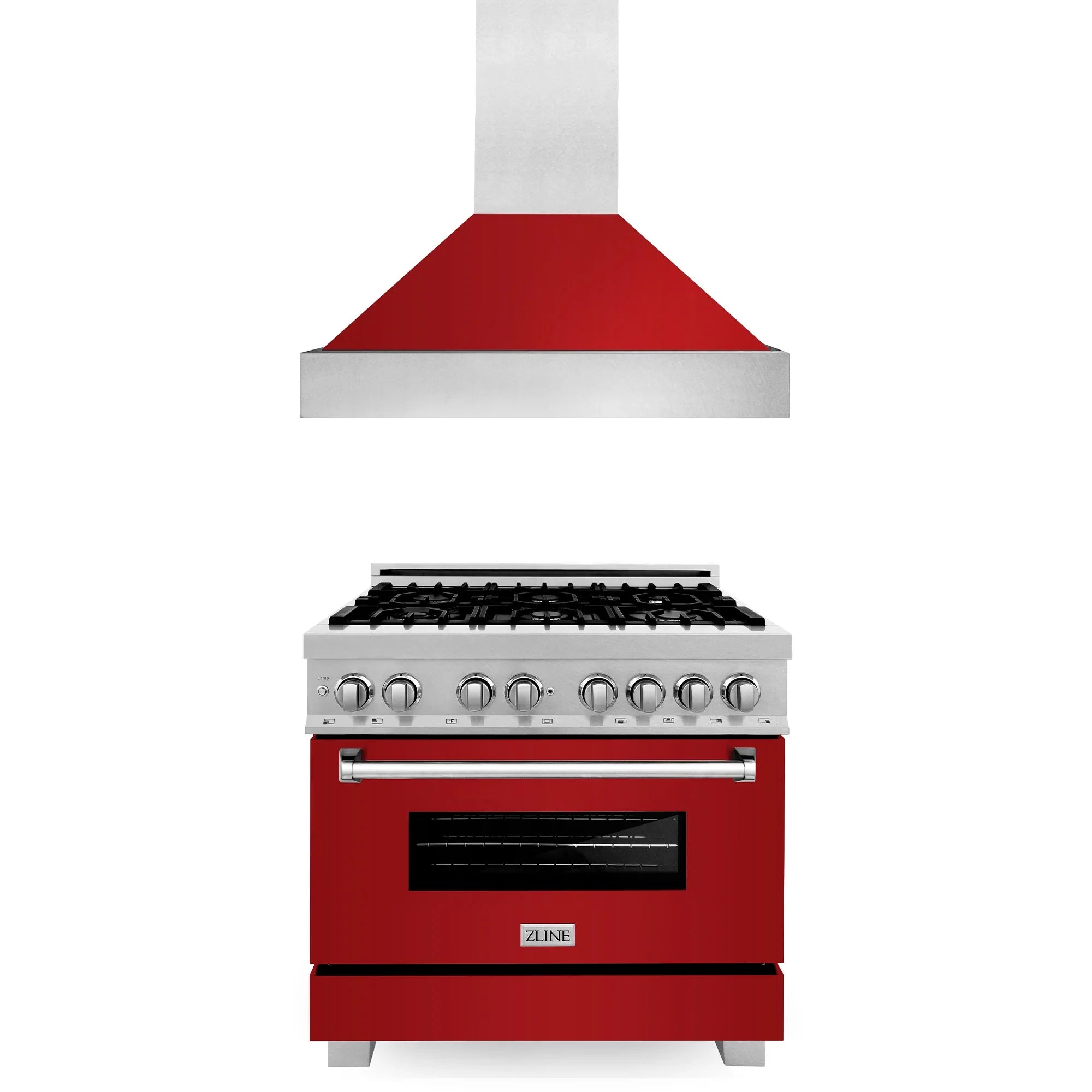 ZLINE 2-Piece Appliance Package - 36-inch Dual Fuel Range & Premium Wall Mount Range Hood in DuraSnow Stainless Steel with Red Gloss (2KP-RASRGRH36)