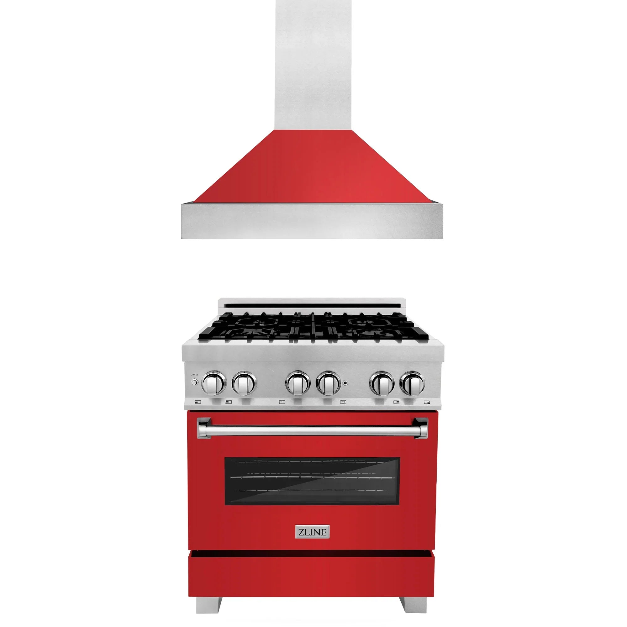 ZLINE 2-Piece Appliance Package - 30-inch Dual Fuel Range & Premium Hood in DuraSnow Stainless Steel with Red Matte (2KP-RASRMRH30)