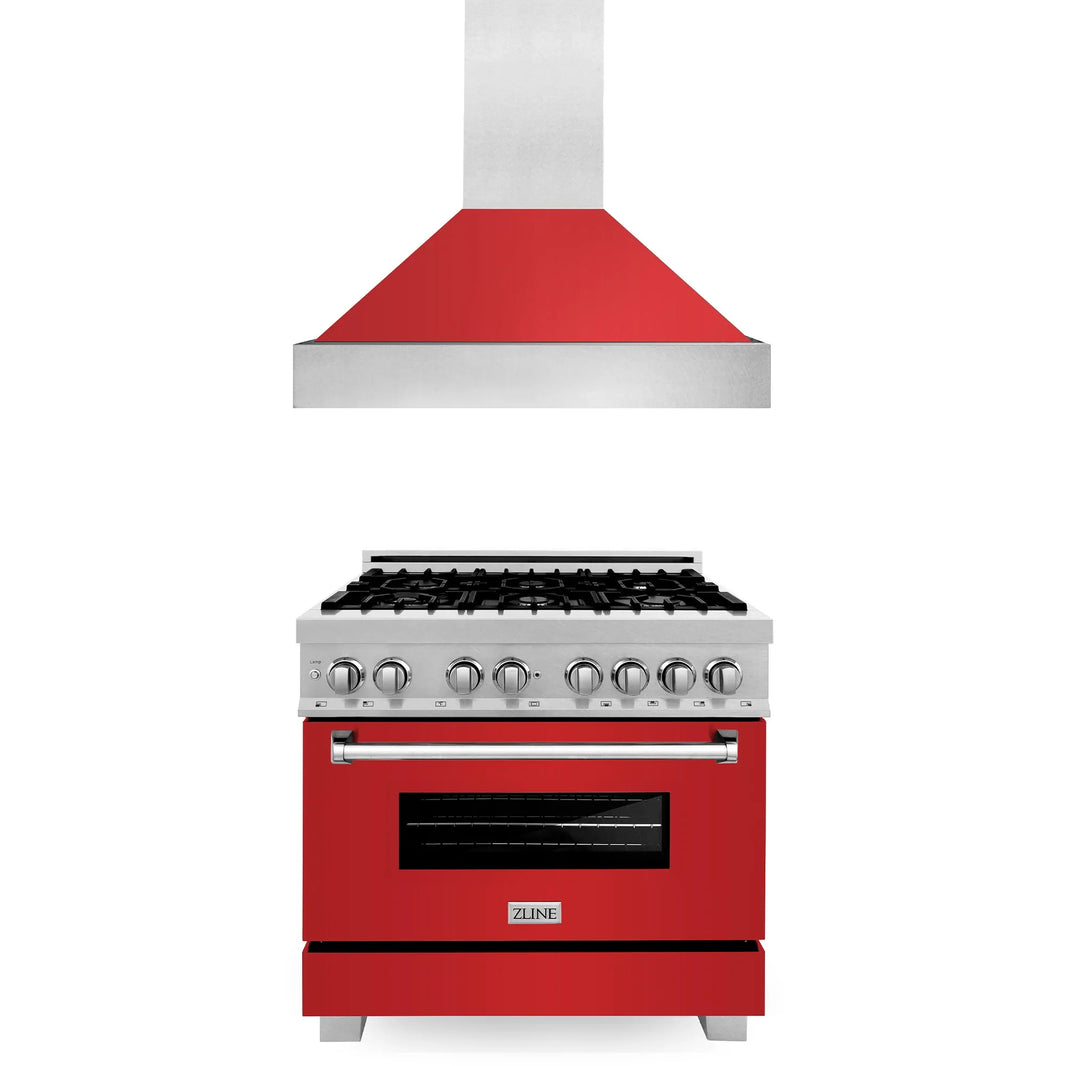 ZLINE 2-Piece Appliance Package - 36-inch Dual Fuel Range & Premium Hood in DuraSnow Stainless Steel with Red Matte (2KP-RASRMRH36)