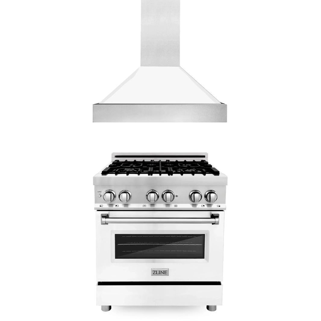 ZLINE 2-Piece Appliance Package - 30-inch Dual Fuel Range with White Matte Door and Convertible Vent Range Hood in Stainless Steel (2KP-RAWMRH30)