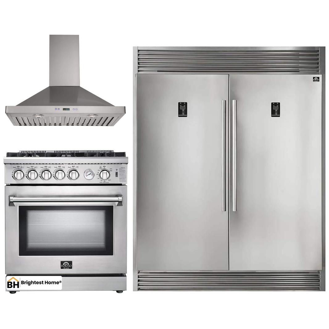 Forno 3-Piece Appliance Package - 30-Inch Gas Range, Pro-Style Refrigerator, and Wall Mount Hood in Stainless Steel