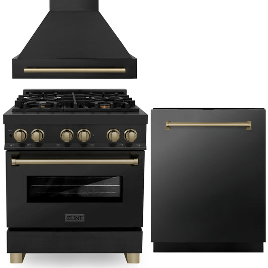 ZLINE Autograph Edition 3-Piece Appliance Package - 30" Dual Fuel Range, Wall Mounted Range Hood, & 24" Tall Tub Dishwasher in Black Stainless Steel with Champagne Bronze Trim (3AKP-RABRHDWV30-CB)