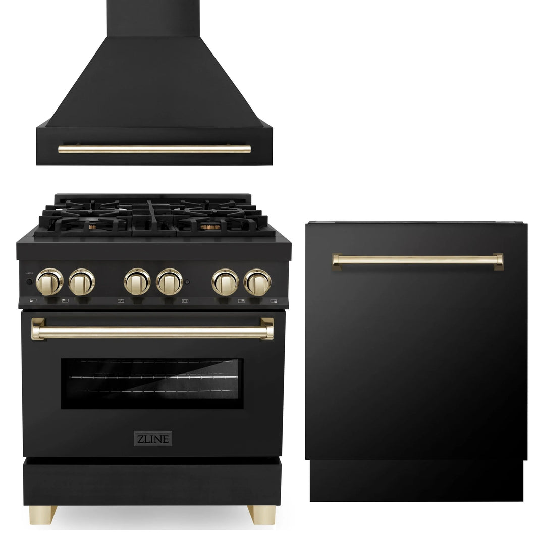 ZLINE Autograph Edition 3-Piece Appliance Package - 30" Dual Fuel Range, Wall Mounted Range Hood, & 24" Tall Tub Dishwasher in Black Stainless Steel with Gold Trim (3AKP-RABRHDWV30-G)