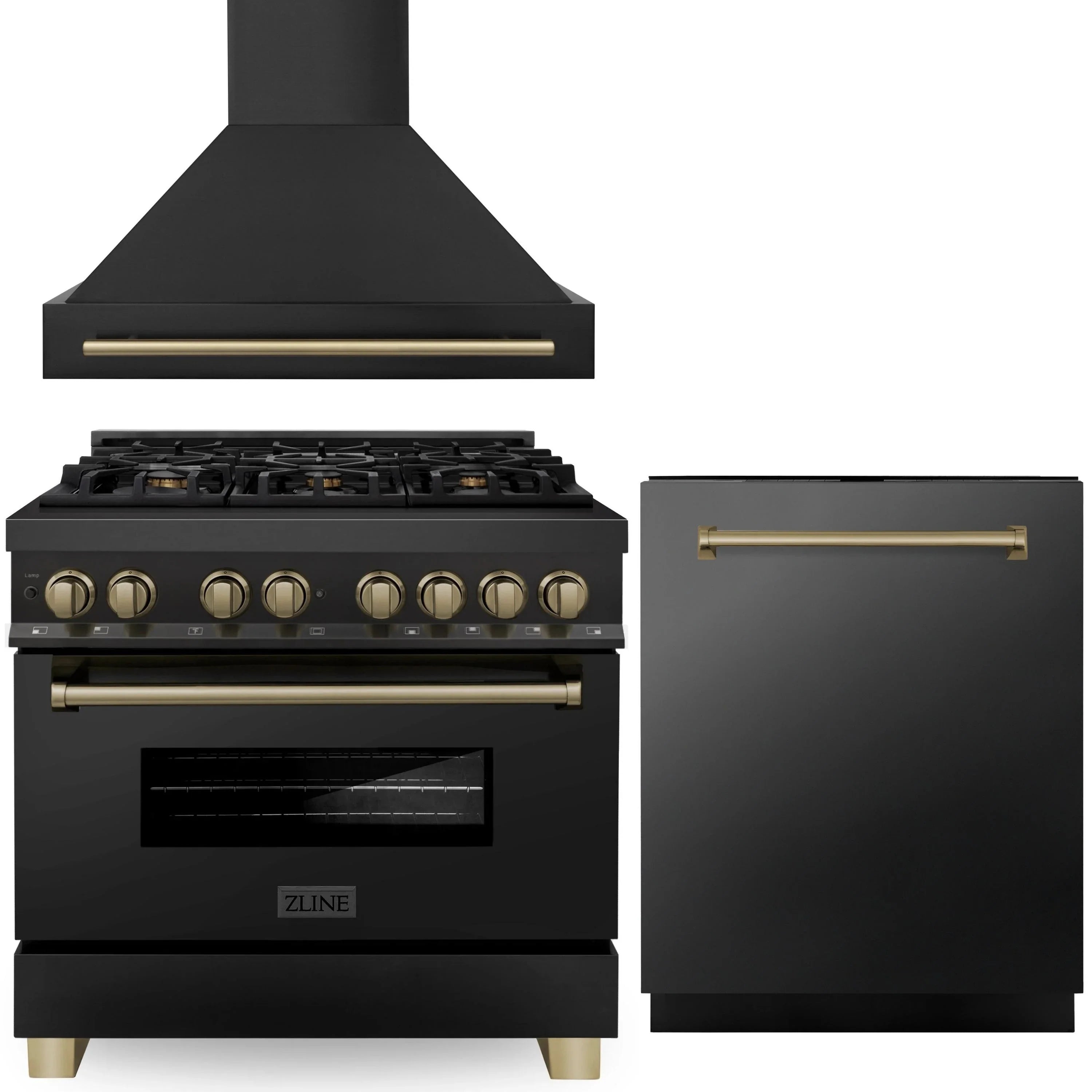 ZLINE Autograph Edition 3-Piece Appliance Package - 36" Dual Fuel Range, Wall Mounted Range Hood, & 24" Tall Tub Dishwasher in Black Stainless Steel with Champagne Bronze Trim (3AKP-RABRHDWV36-CB)