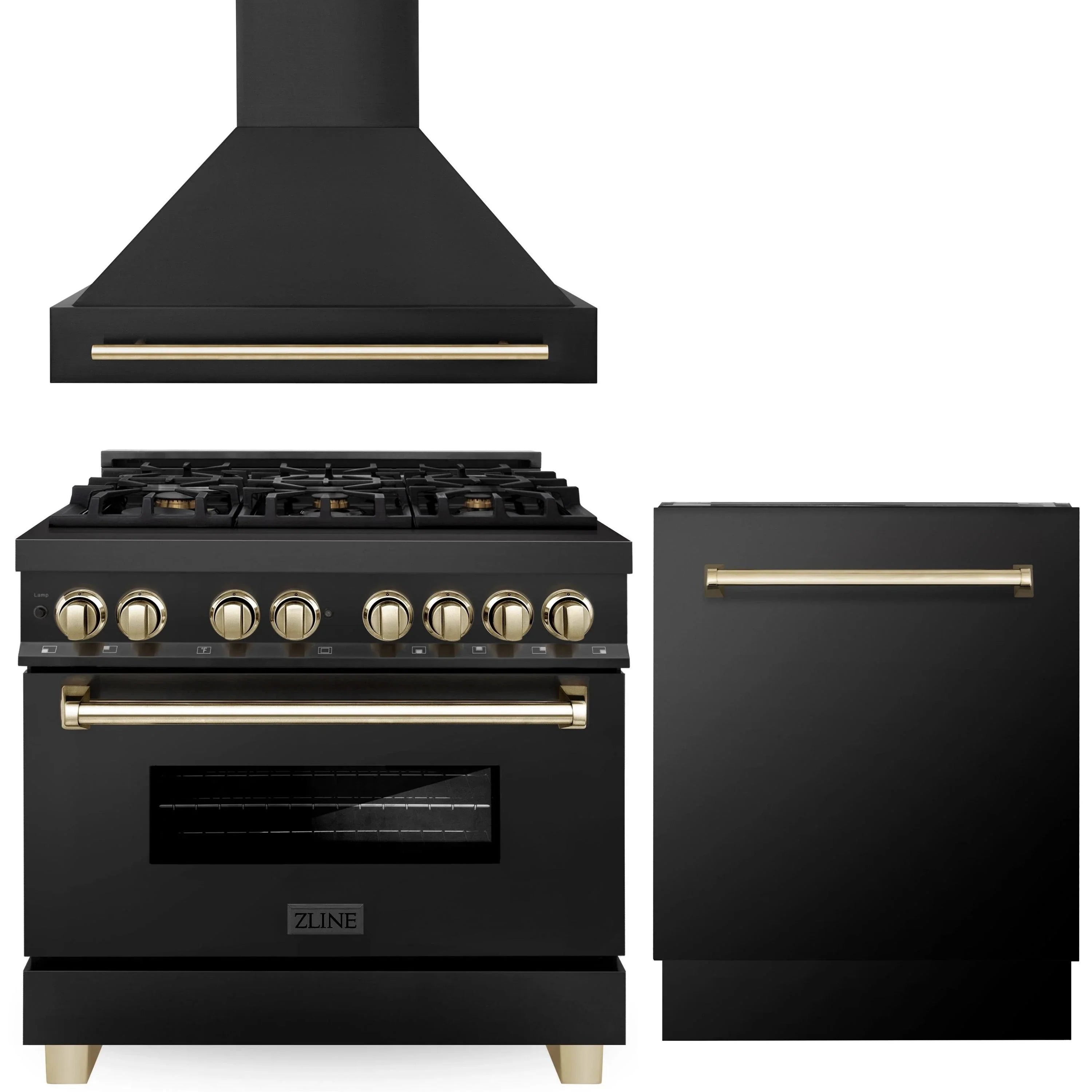 ZLINE Autograph Edition 3-Piece Appliance Package - 36" Dual Fuel Range, Wall Mounted Range Hood, & 24" Tall Tub Dishwasher in Black Stainless Steel with Gold Trim (3AKP-RABRHDWV36-G)