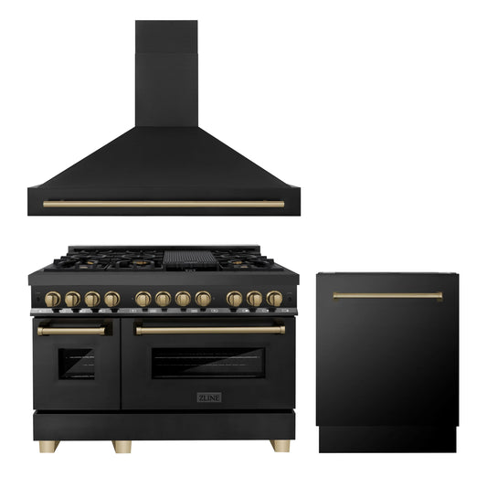 ZLINE Autograph Edition 3-Piece Appliance Package - 48" Dual Fuel Range, Wall Mounted Range Hood, & 24" Tall Tub Dishwasher in Black Stainless Steel with Champagne Bronze Trim (3AKP-RABRHDWV48-CB)