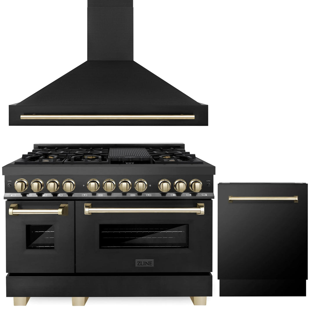 ZLINE Autograph Edition 3-Piece Appliance Package - 48" Dual Fuel Range, Wall Mounted Range Hood, & 24" Tall Tub Dishwasher in Black Stainless Steel with Gold Trim (3AKP-RABRHDWV48-G)