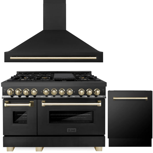 ZLINE Autograph Edition 3-Piece Appliance Package - 48" Dual Fuel Range, Wall Mounted Range Hood, & 24" Tall Tub Dishwasher in Black Stainless Steel with Gold Trim (3AKP-RABRHDWV48-G)