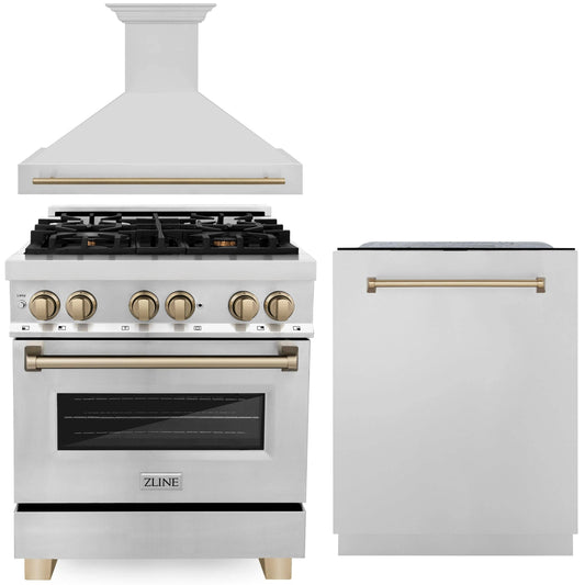 ZLINE Autograph Edition 3-Piece Appliance Package - 30" Dual Fuel Range, Wall Mounted Range Hood, & 24" Tall Tub Dishwasher in Stainless Steel with Champagne Bronze Trim (3AKP-RARHDWM30-CB)