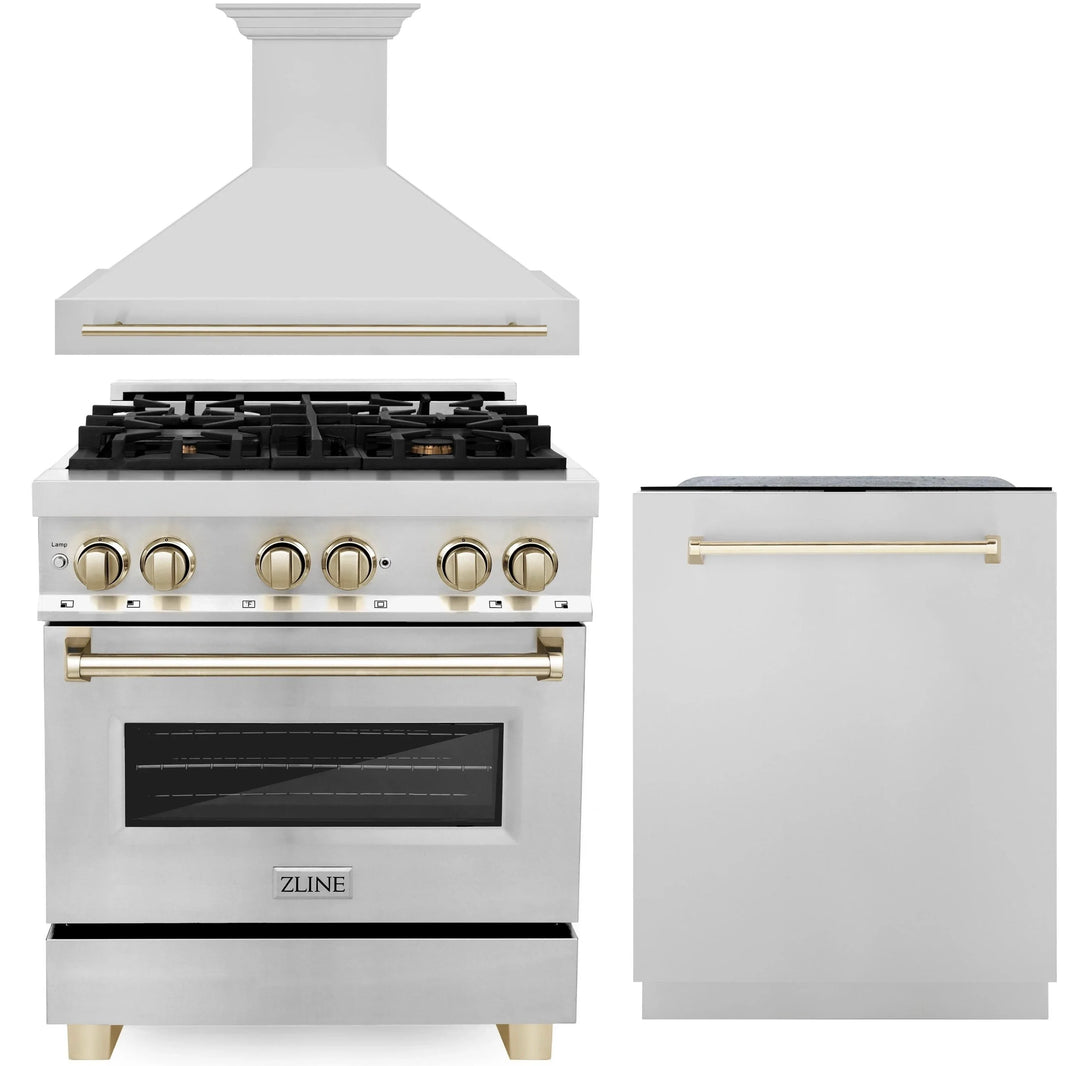 ZLINE Autograph Edition 3-Piece Appliance Package - 30" Dual Fuel Range, Wall Mounted Range Hood, & 24" Tall Tub Dishwasher in Stainless Steel with Gold Trim (3AKP-RARHDWM30-G)