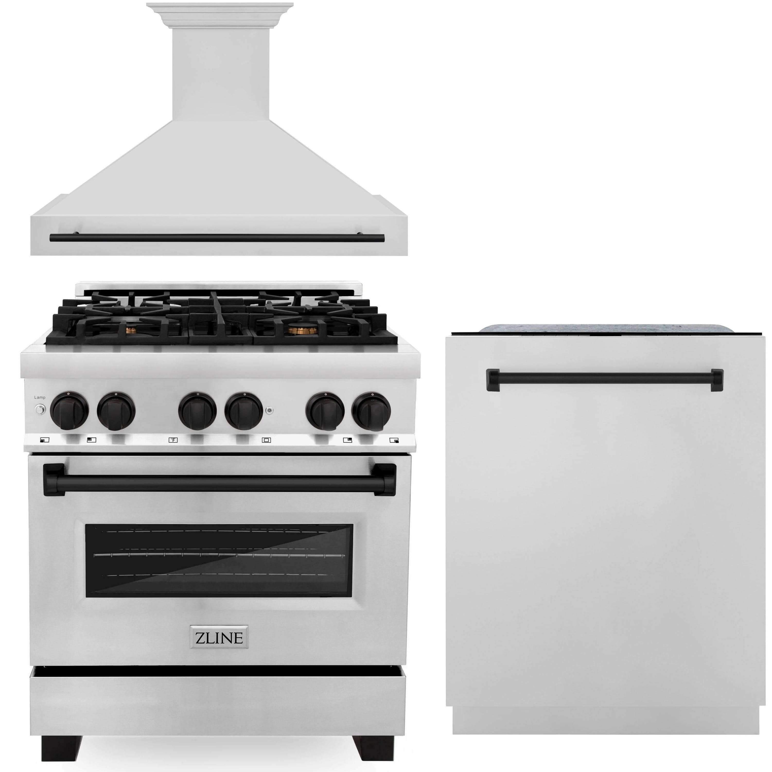 ZLINE Autograph Edition 3-Piece Appliance Package - 30" Dual Fuel Range, Wall Mounted Range Hood, & 24" Tall Tub Dishwasher in Stainless Steel with Matte Black Trim (3AKP-RARHDWM30-MB)