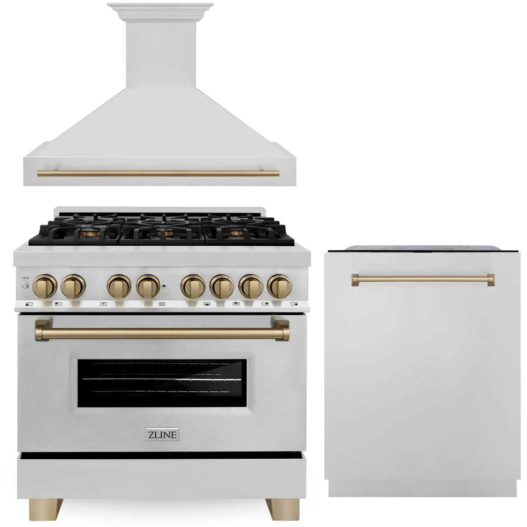 ZLINE Autograph Edition 3-Piece Appliance Package - 36" Dual Fuel Range, Wall Mounted Range Hood, & 24" Tall Tub Dishwasher in Stainless Steel with Champagne Bronze Trim (3AKP-RARHDWM36-CB)