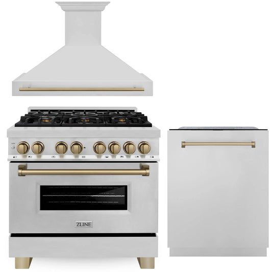 ZLINE Autograph Edition 3-Piece Appliance Package - 36" Dual Fuel Range, Wall Mounted Range Hood, & 24" Tall Tub Dishwasher in Stainless Steel with Champagne Bronze Trim (3AKP-RARHDWM36-CB)