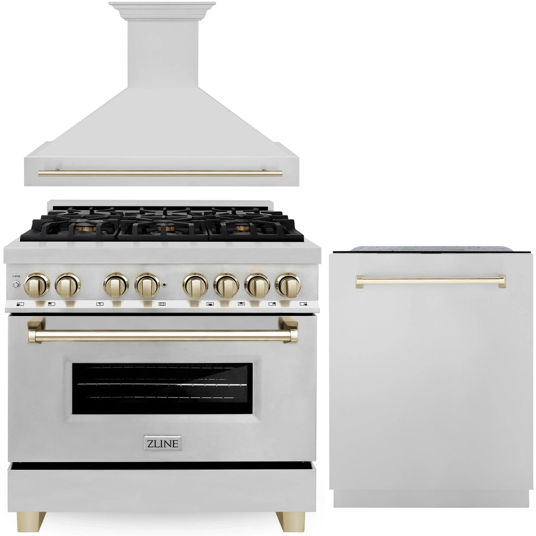 ZLINE Autograph Edition 3-Piece Appliance Package - 36" Dual Fuel Range, Wall Mounted Range Hood, & 24" Tall Tub Dishwasher in Stainless Steel with Gold Trim (3AKP-RARHDWM36-G)