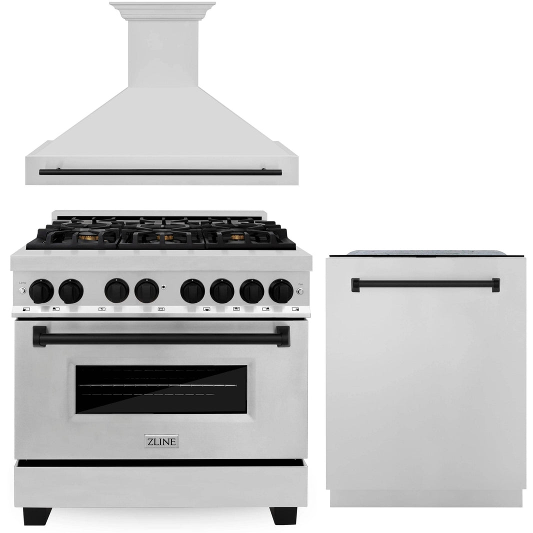 ZLINE Autograph Edition 3-Piece Appliance Package - 36" Dual Fuel Range, Wall Mounted Range Hood, & 24" Tall Tub Dishwasher in Stainless Steel with Matte Black Trim (3AKP-RARHDWM36-MB)