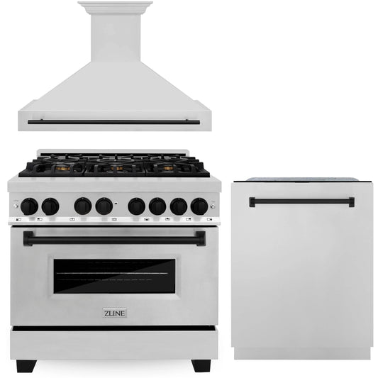 ZLINE Autograph Edition 3-Piece Appliance Package - 36" Dual Fuel Range, Wall Mounted Range Hood, & 24" Tall Tub Dishwasher in Stainless Steel with Matte Black Trim (3AKP-RARHDWM36-MB)