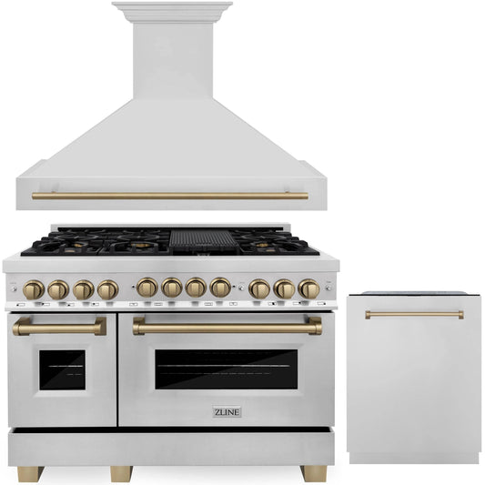 ZLINE Autograph Edition 3-Piece Appliance Package - 48" Dual Fuel Range, Wall Mounted Range Hood, & 24" Tall Tub Dishwasher in Stainless Steel with Champagne Bronze Trim (3AKP-RARHDWM48-CB)
