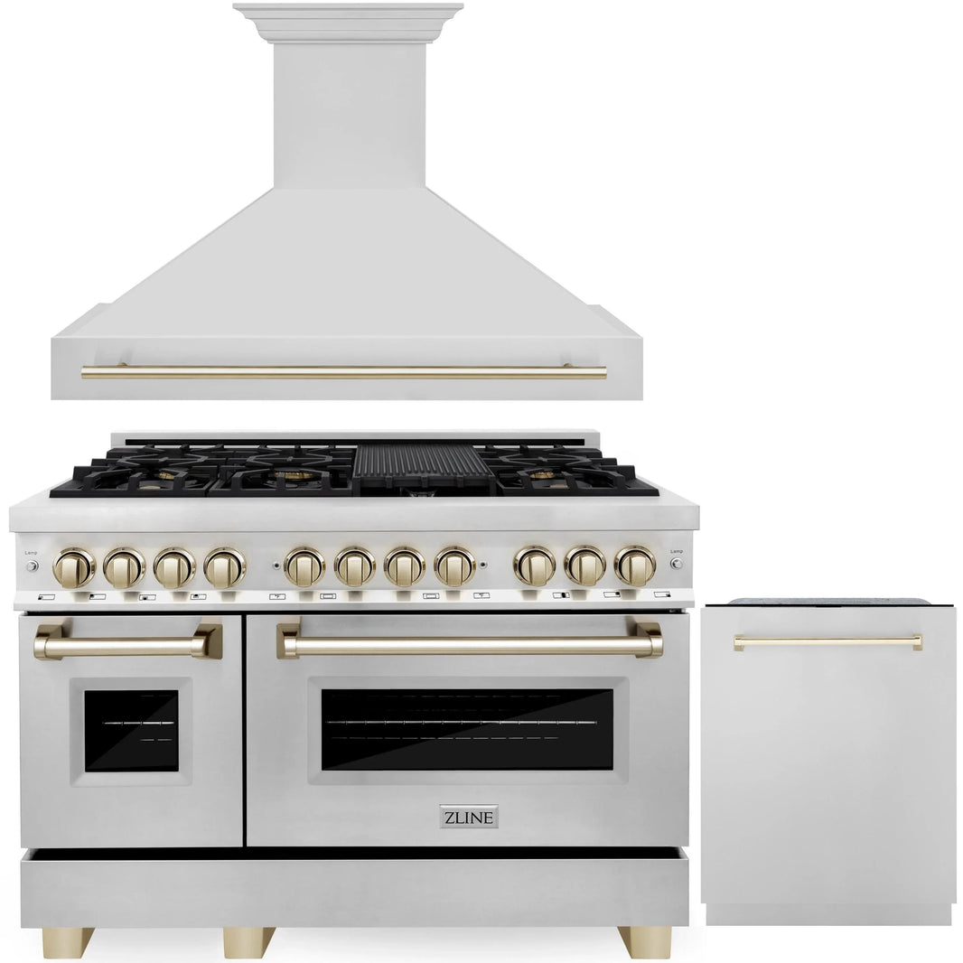 ZLINE Autograph Edition 3-Piece Appliance Package - 48" Dual Fuel Range, Wall Mounted Range Hood, & 24" Tall Tub Dishwasher in Stainless Steel with Gold Trim (3AKP-RARHDWM48-G)