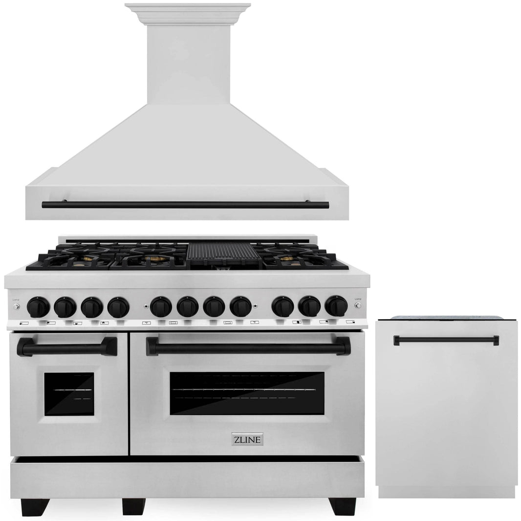 ZLINE Autograph Edition 3-Piece Appliance Package - 48" Dual Fuel Range, Wall Mounted Range Hood, & 24" Tall Tub Dishwasher in Stainless Steel with Matte Black Trim (3AKP-RARHDWM48-MB)