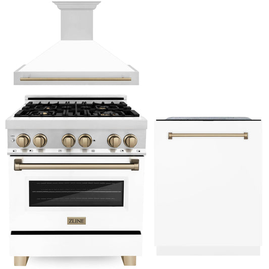 ZLINE Autograph Edition 3-Piece Appliance Package - 30" Dual Fuel Range, Wall Mounted Range Hood, & 24" Tall Tub Dishwasher in Stainless Steel and White Door with Champagne Bronze Trim (3AKP-RAWMRHDWM30-CB)