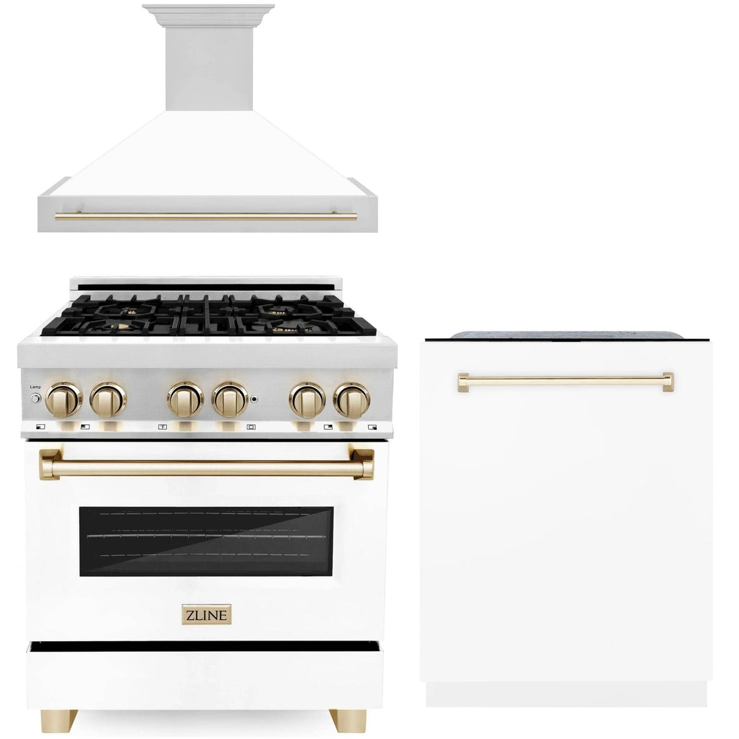 ZLINE Autograph Edition 3-Piece Appliance Package - 30" Dual Fuel Range, Wall Mounted Range Hood, & 24" Tall Tub Dishwasher in Stainless Steel and White Door with Gold Trim (3AKP-RAWMRHDWM30-G)