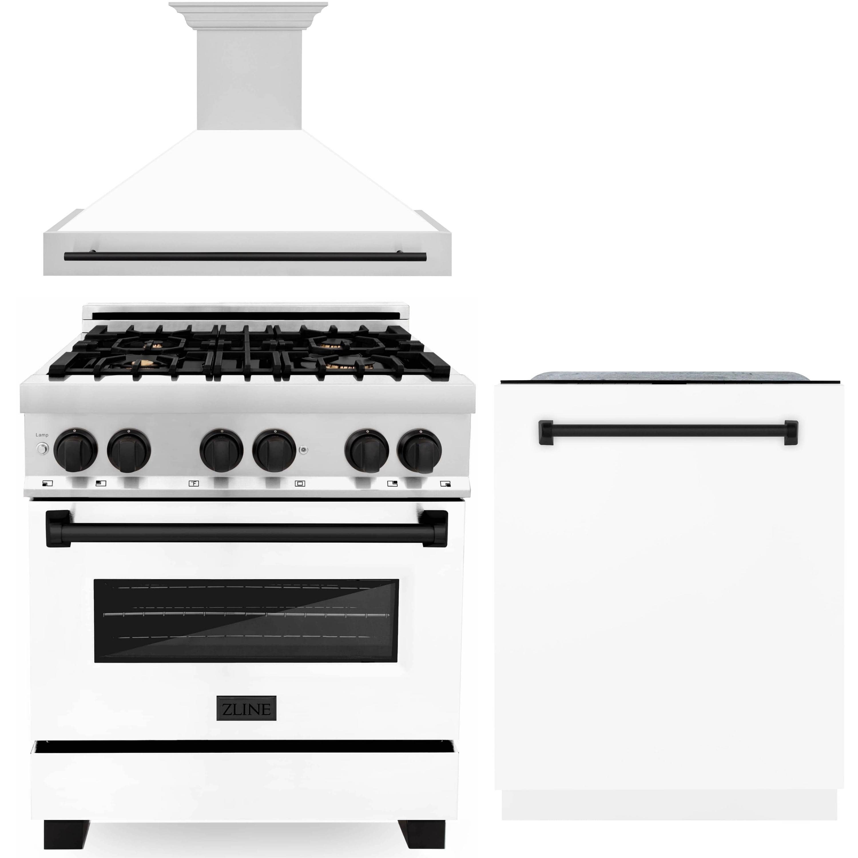 ZLINE Autograph Edition 3-Piece Appliance Package - 30" Dual Fuel Range, Wall Mounted Range Hood, & 24" Tall Tub Dishwasher in Stainless Steel and White Door with Matte Black Trim (3AKP-RAWMRHDWM30-MB)