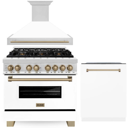 ZLINE Autograph Edition 3-Piece Appliance Package - 36" Dual Fuel Range, Wall Mounted Range Hood, & 24" Tall Tub Dishwasher in Stainless Steel and White Door with Champagne Bronze Trim (3AKP-RAWMRHDWM36-CB)