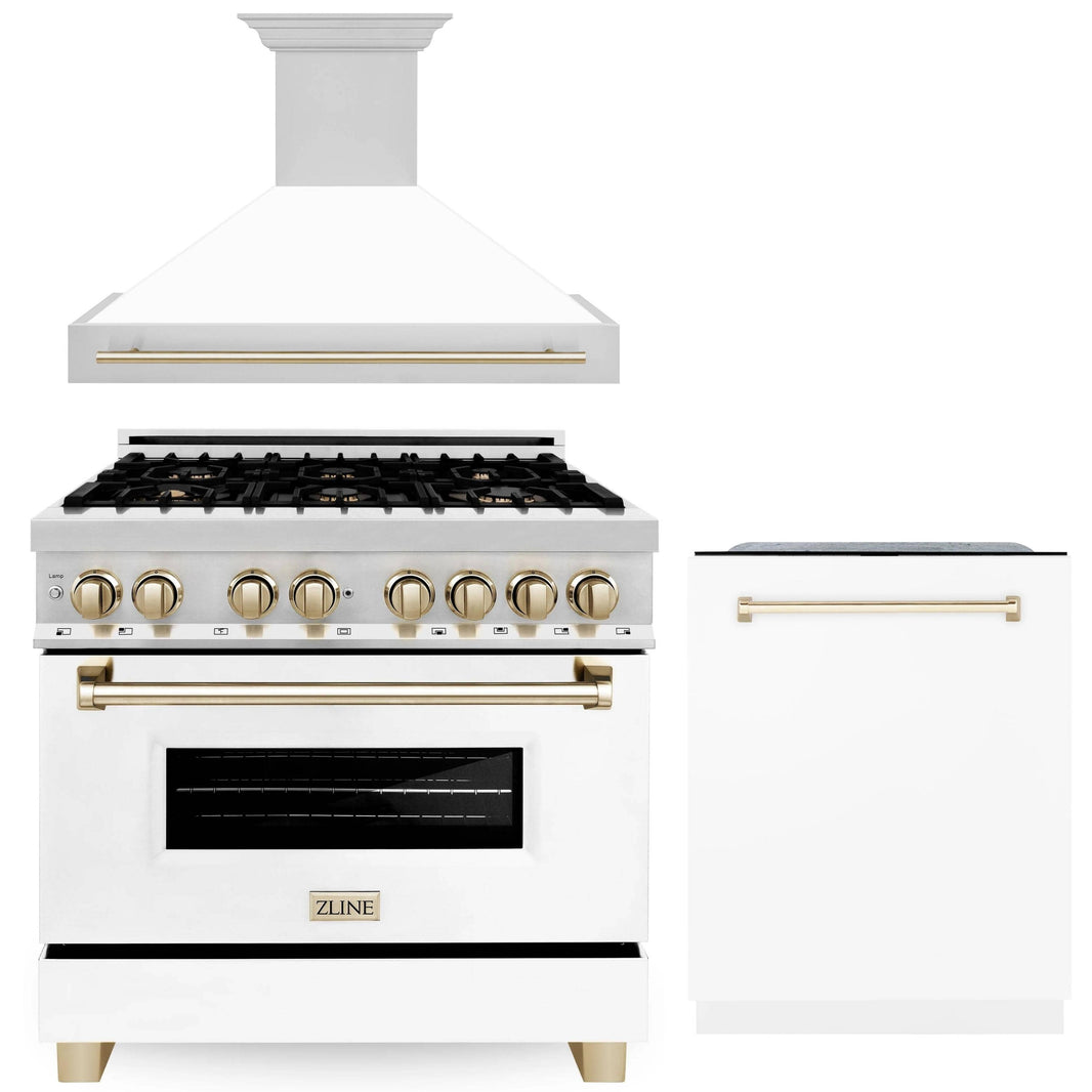 ZLINE Autograph Edition 3-Piece Appliance Package - 36" Dual Fuel Range, Wall Mounted Range Hood, & 24" Tall Tub Dishwasher in Stainless Steel and White Door with Gold Trim (3AKP-RAWMRHDWM36-G)