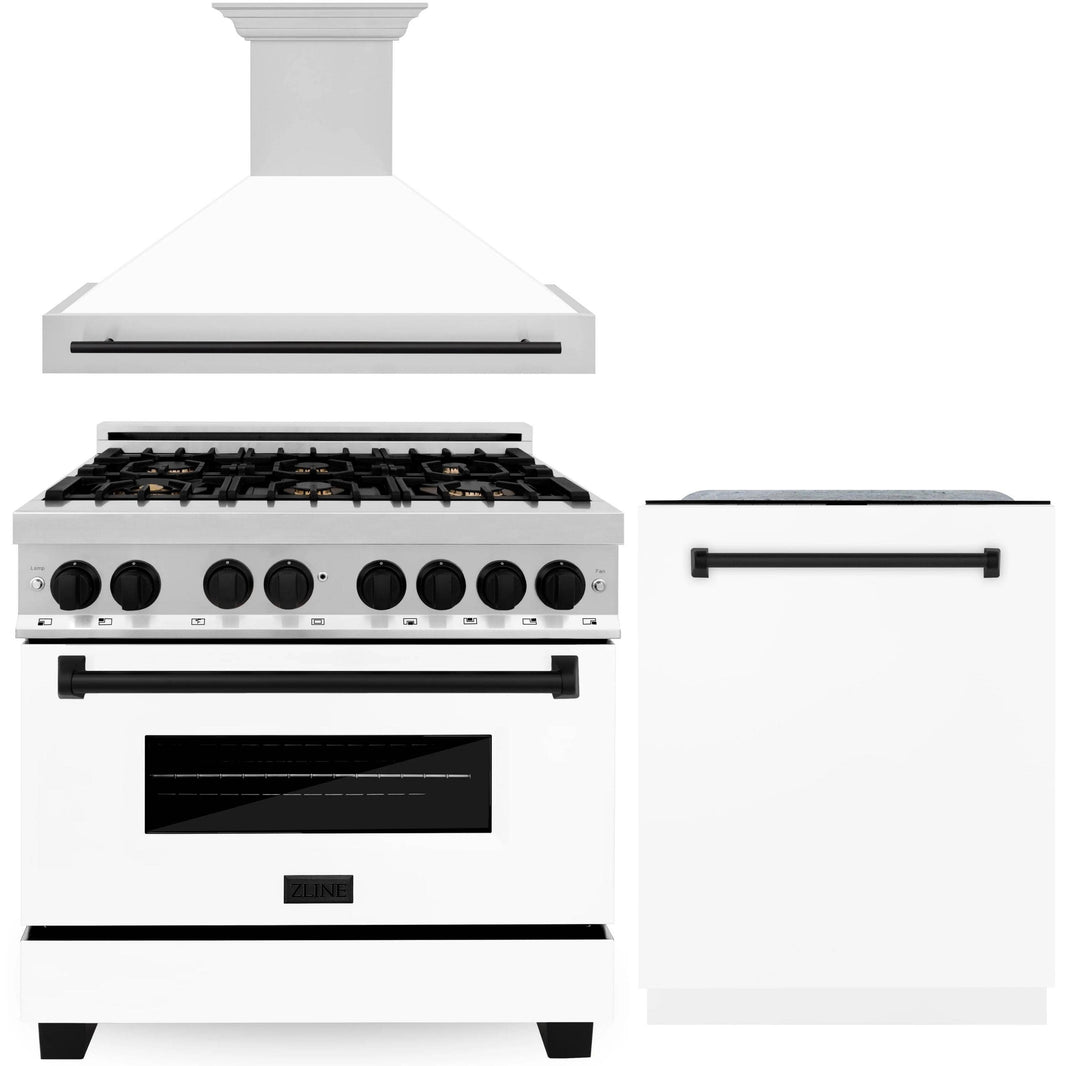 ZLINE Autograph Edition 3-Piece Appliance Package - 36" Dual Fuel Range, Wall Mounted Range Hood, & 24" Tall Tub Dishwasher in Stainless Steel and White Door with Matte Black Trim (3AKP-RAWMRHDWM36-MB)