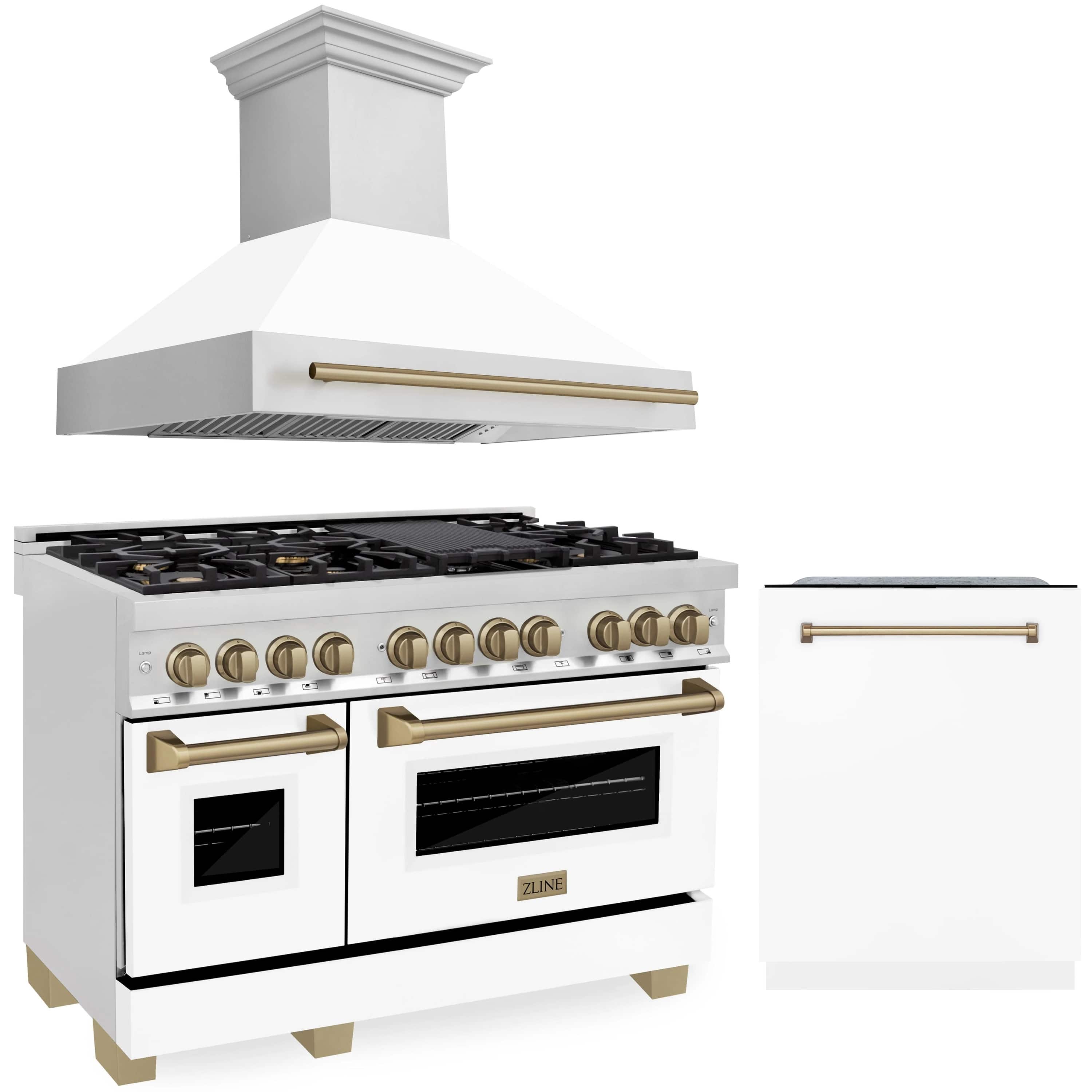 ZLINE Autograph Edition 3-Piece Appliance Package - 48" Dual Fuel Range, Wall Mounted Range Hood, & 24" Tall Tub Dishwasher in Stainless Steel and White Door with Champagne Bronze Trim (3AKP-RAWMRHDWM48-CB)