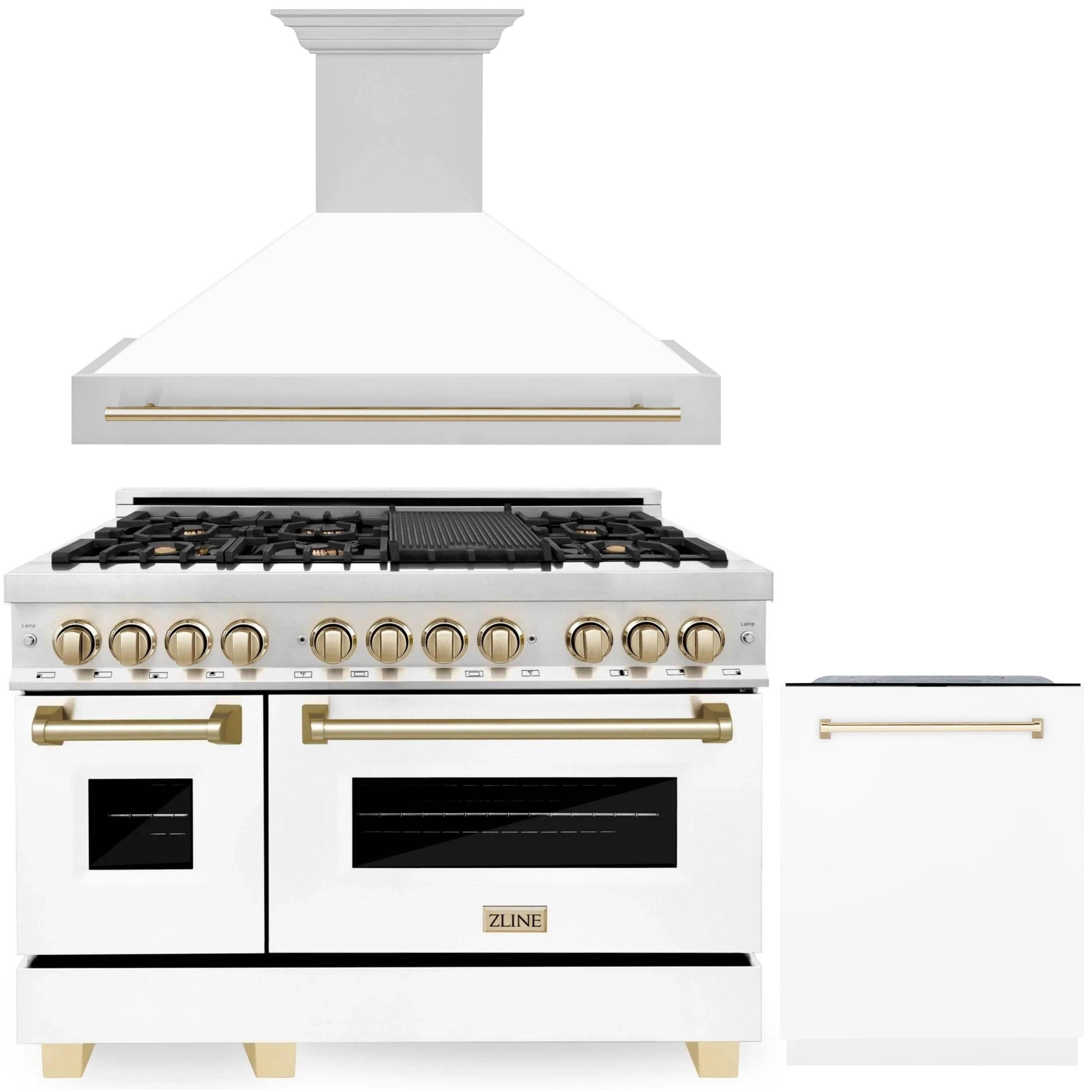 ZLINE Autograph Edition 3-Piece Appliance Package - 48" Dual Fuel Range, Wall Mounted Range Hood, & 24" Tall Tub Dishwasher in Stainless Steel and White Door with Gold Trim (3AKP-RAWMRHDWM48-G)