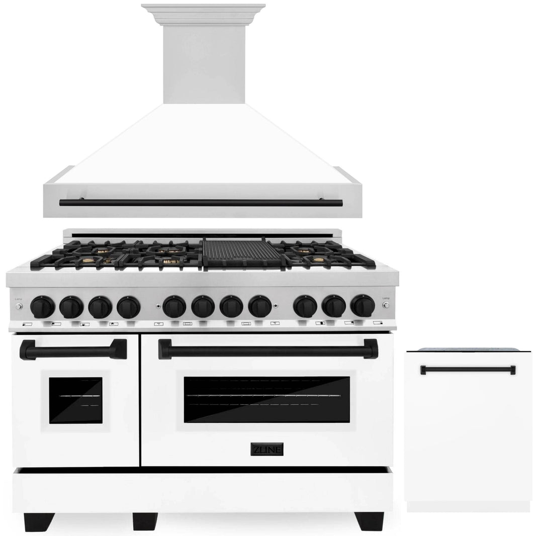 ZLINE Autograph Edition 3-Piece Appliance Package - 48" Dual Fuel Range, Wall Mounted Range Hood, & 24" Tall Tub Dishwasher in Stainless Steel and White Door with Matte Black Trim (3AKP-RAWMRHDWM48-MB)