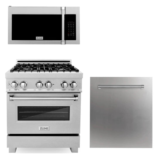 ZLINE 3-Piece Appliance Package - 30" Dual Fuel Range, Microwave Oven and Dishwasher in DuraSnow Stainless Steel (3KP-RASOTRHDW30)