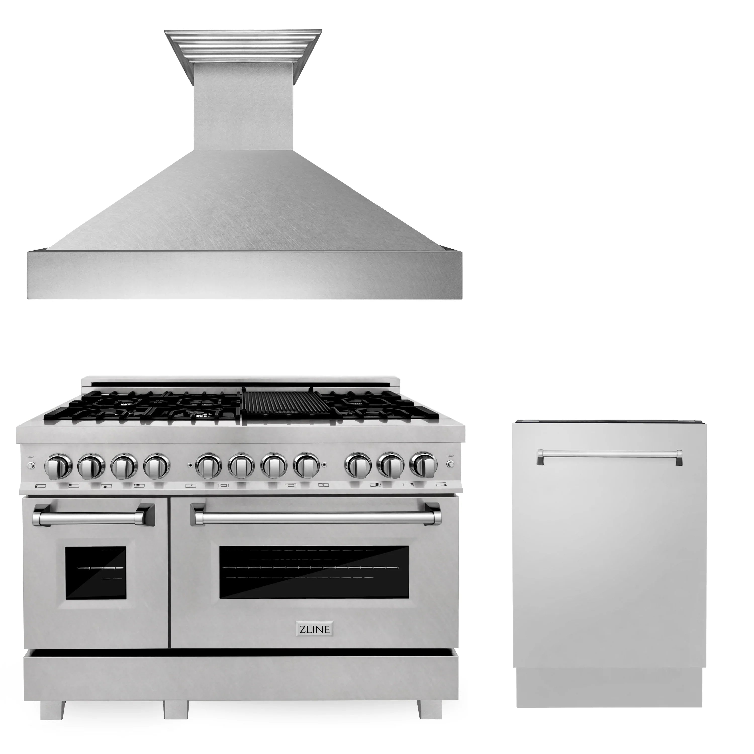 ZLINE 3-Piece Appliance Package - 48-inch Dual Fuel Range, Tall Tub Dishwasher & Premium Wall Mount Hood in DuraSnow Stainless Steel (3KP-RASRH48-DWV)