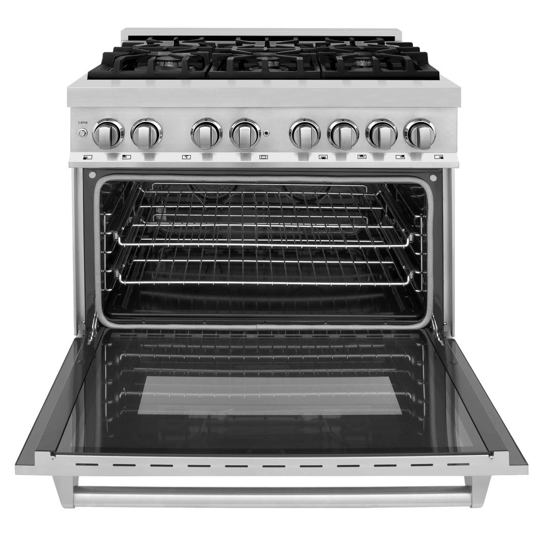 ZLINE 3-Piece Appliance Package - 36-inch Dual Fuel Range, Premium Hood & Microwave Oven in Stainless Steel (3KP-RARHMWO-36)