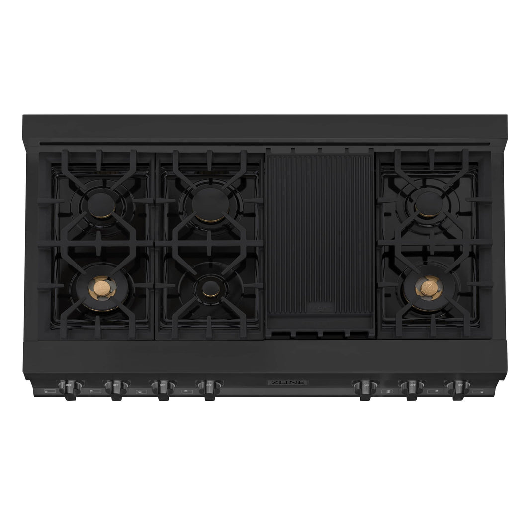 ZLINE 4-Piece Appliance Package - 48" Rangetop with Brass Burners, 36" Refrigerator, 30" Electric Wall Oven, and 30" Microwave Oven in Black Stainless Steel (4KPR-RTB48-MWAWS)