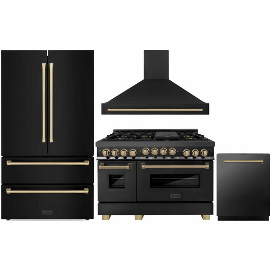 ZLINE Autograph Edition 4-Piece Appliance Package - 48" Dual Fuel Range, 36" Refrigerator, Wall Mounted Range Hood, & 24" Tall Tub Dishwasher in Black Stainless Steel with Champagne Bronze Trim (4AKPR-RABRHDWV48-CB)