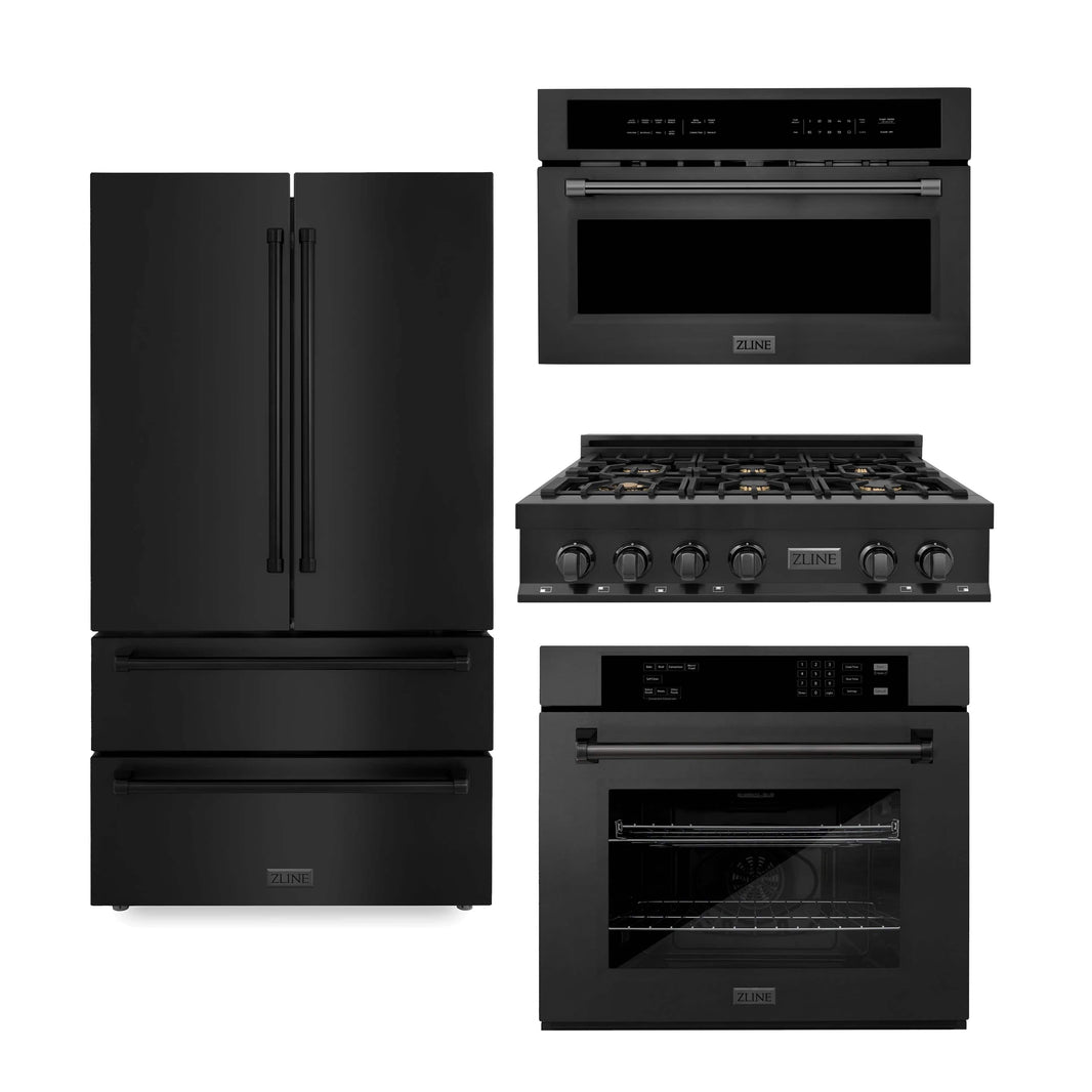 ZLINE 4-Piece Appliance Package - 36" Rangetop with Brass Burners, 36" Refrigerator, 30" Electric Wall Oven, and 30" Microwave Oven in Black Stainless Steel (4KPR-RTB36-MWAWS)